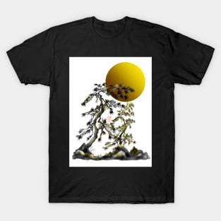 Two japanese sumiE ink pines with a big yellow sun T-Shirt